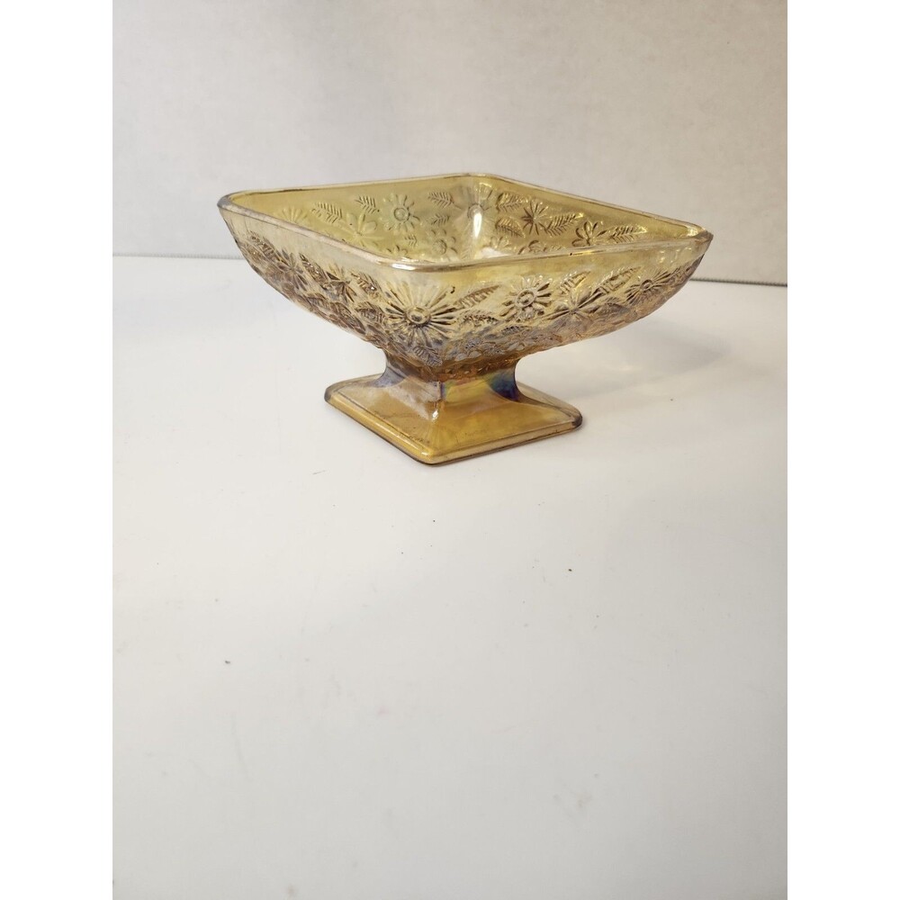 Vintage Indiana Carnival Glass Amber Iridescent Candy Dish Diamond Pedestal